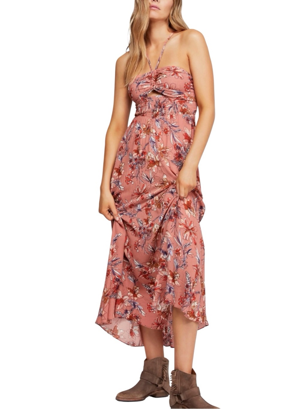 Free People One Step Ahead Floral Smocked Maxi Dress Size XS